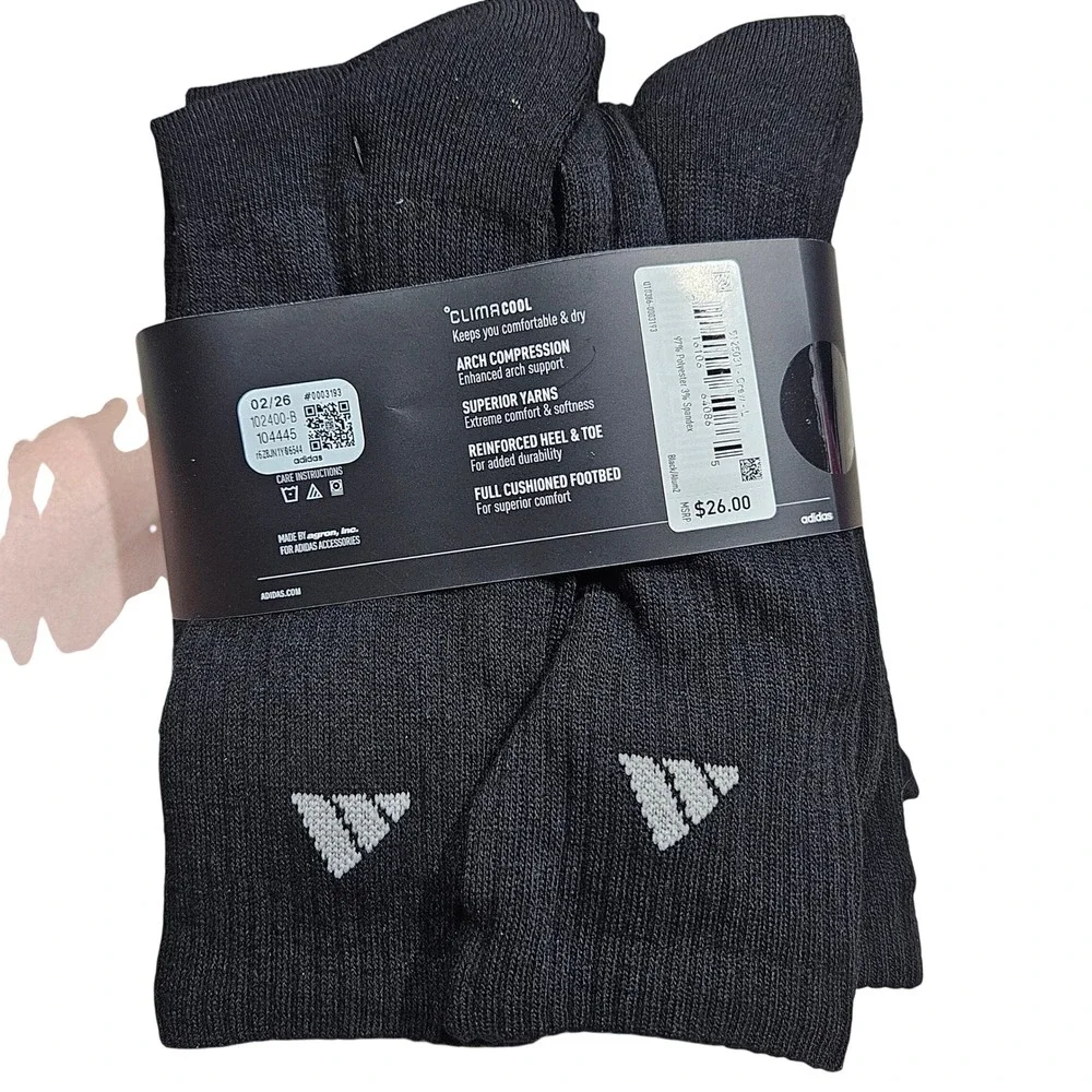 Adidas Crew Socks Mens Large Black 6 Pack ClimaCool Cushioned Arch Compression